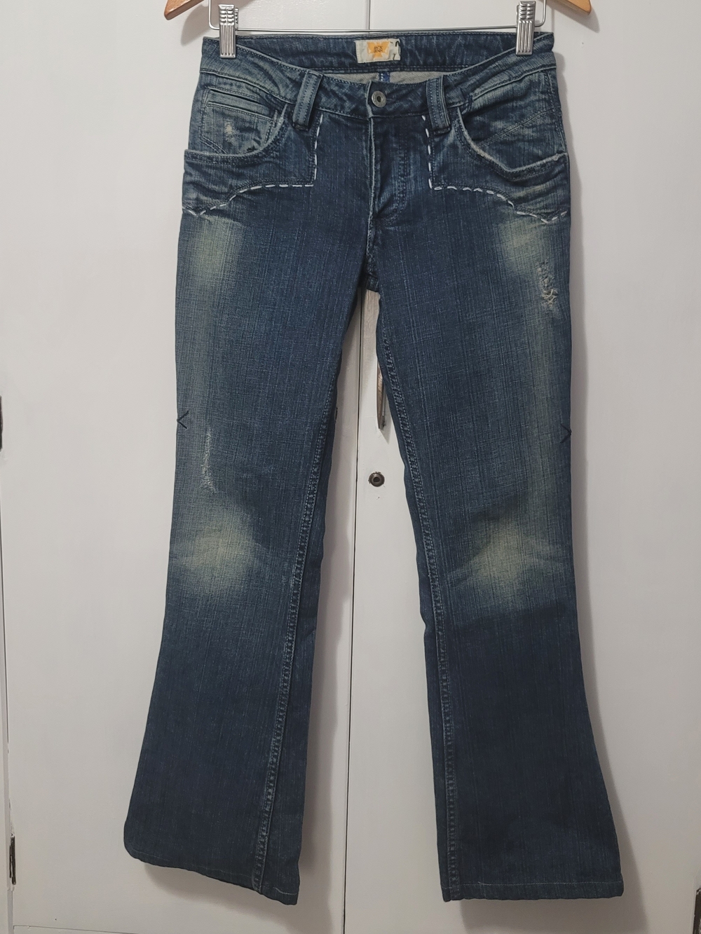 Antik Denim Blue Flare Jeans with Faded Whiskering